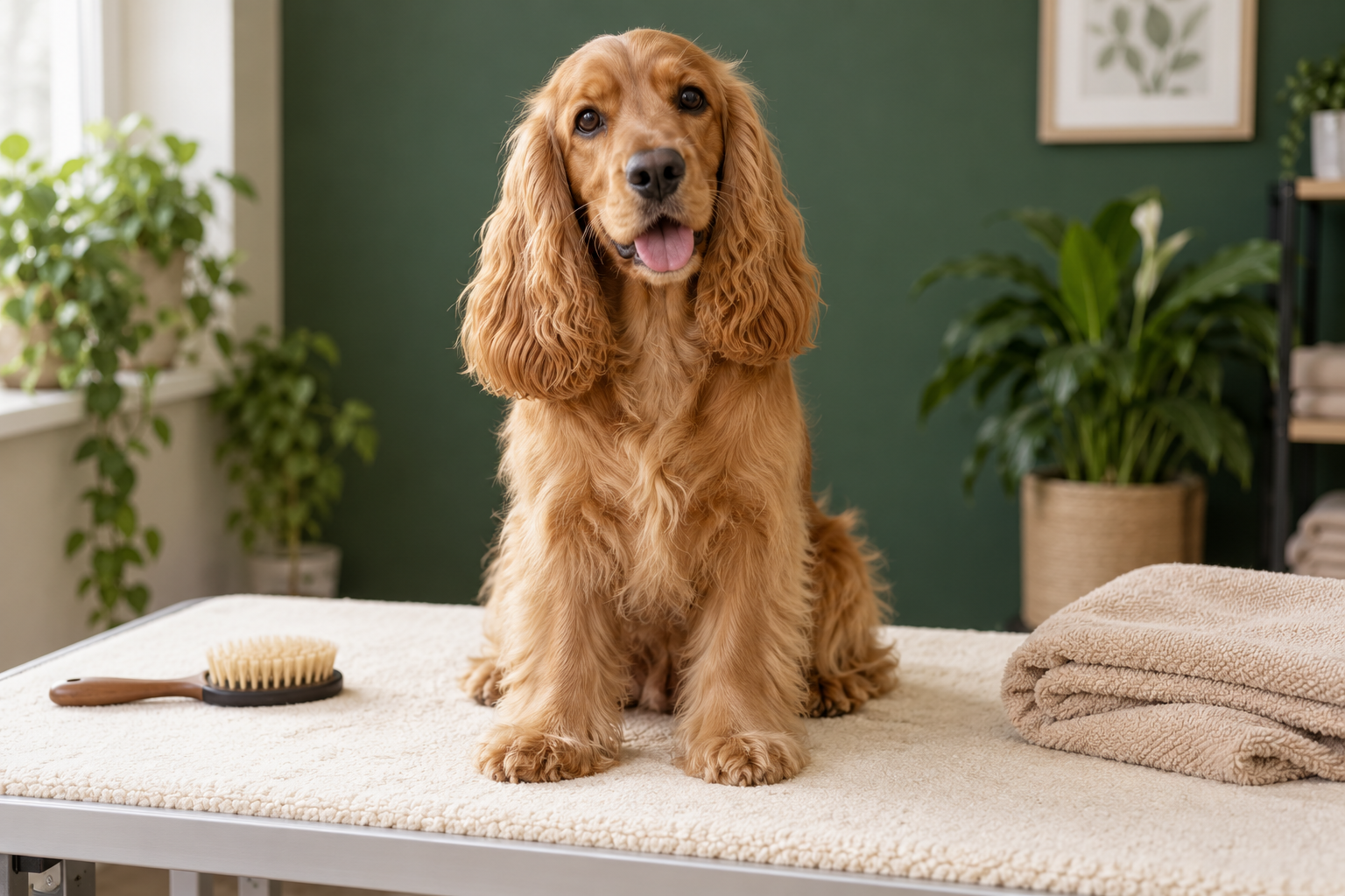A golden cocker spaniel beside a grooming brush and towel