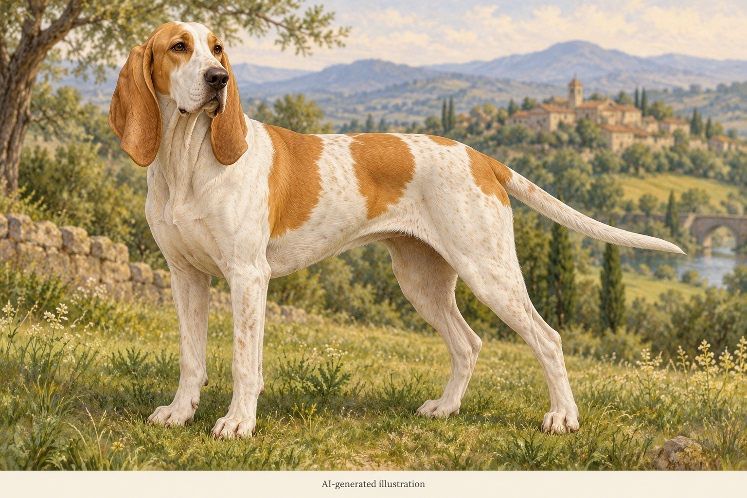AI-generated illustration of the French White and Orange Hound; an interpretation of written breed characteristics